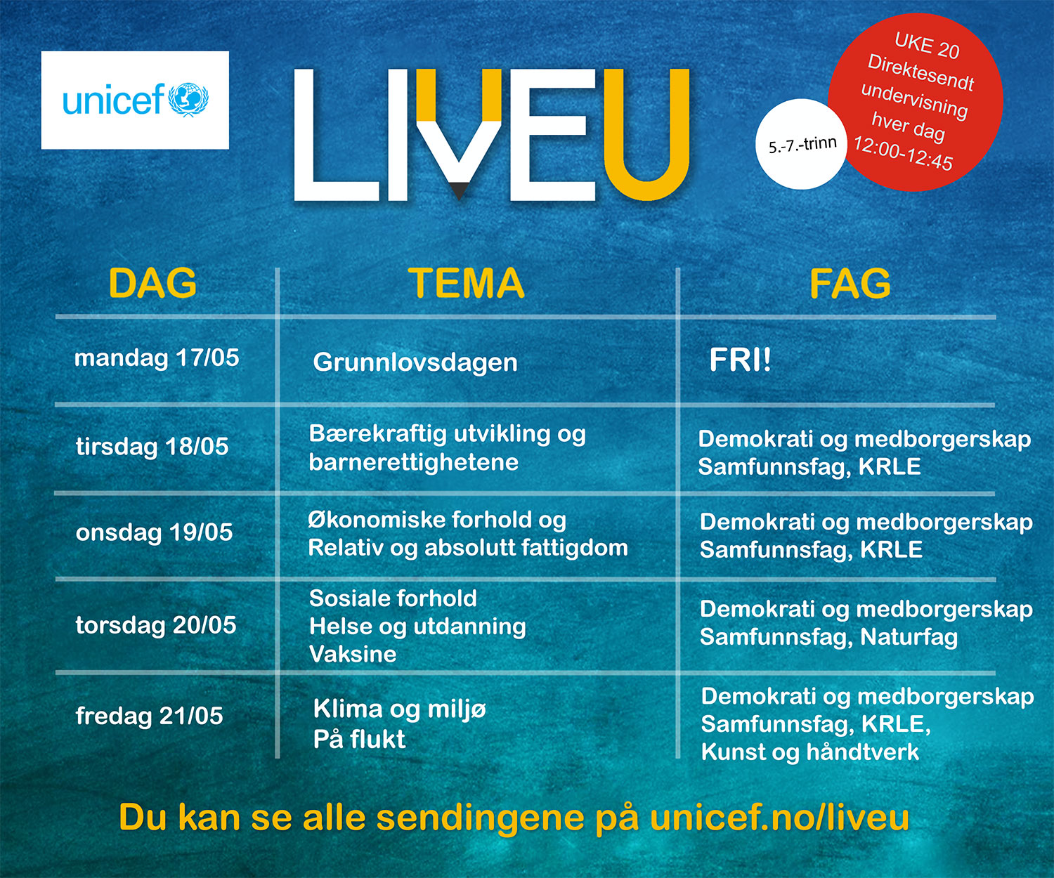 Timeplan direktesendt undervisning uke 20