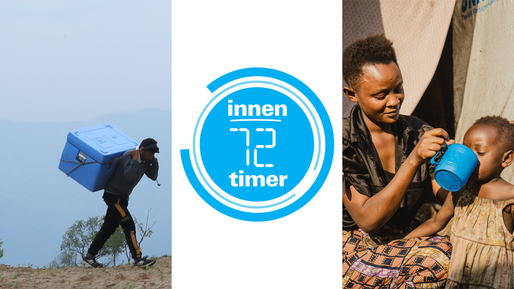 En mann bærer en leveranse fra UNICEF og en kvinne gir barnet sitt vann