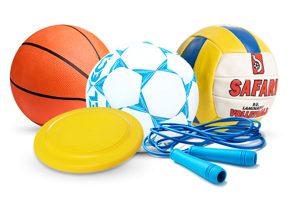 Lekpakke til barn som består av fotball, volleyball, basketball, hoppetau og frisbee