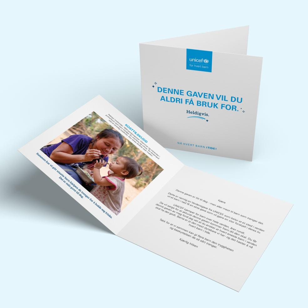 Eksempel på gavebevis for UNICEFs Verdensgave Kosttilskudd