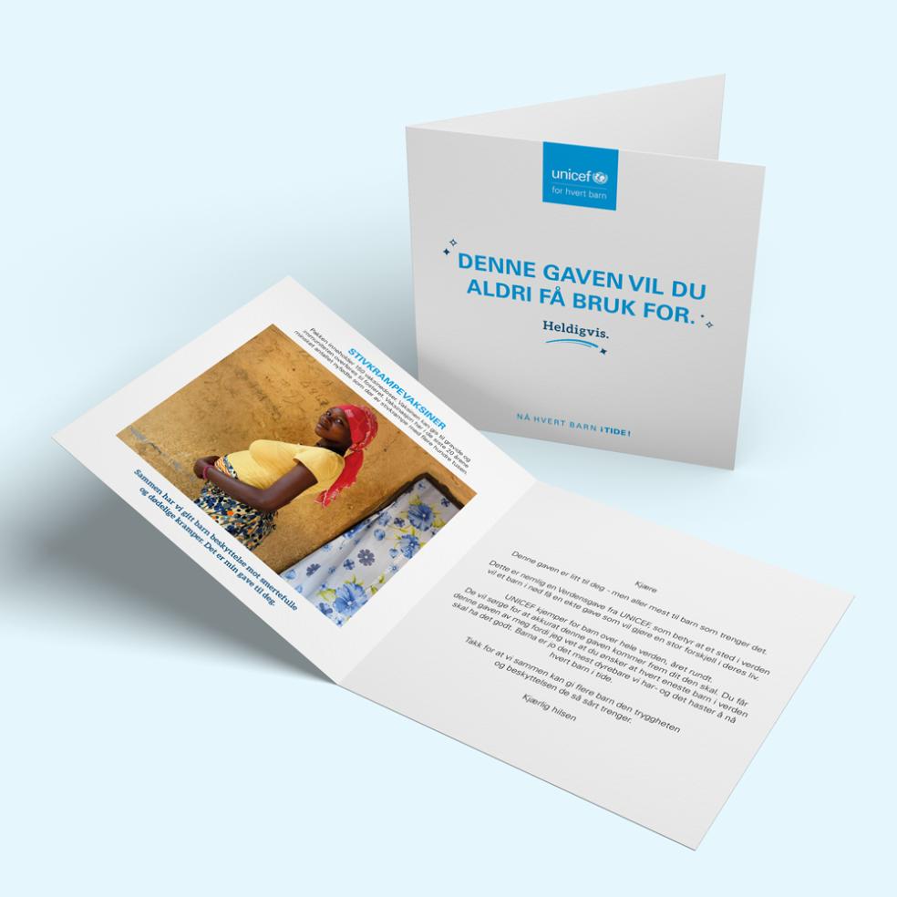Eksempel på gavebevis for UNICEFs Verdensgave Stivkrampevaksine