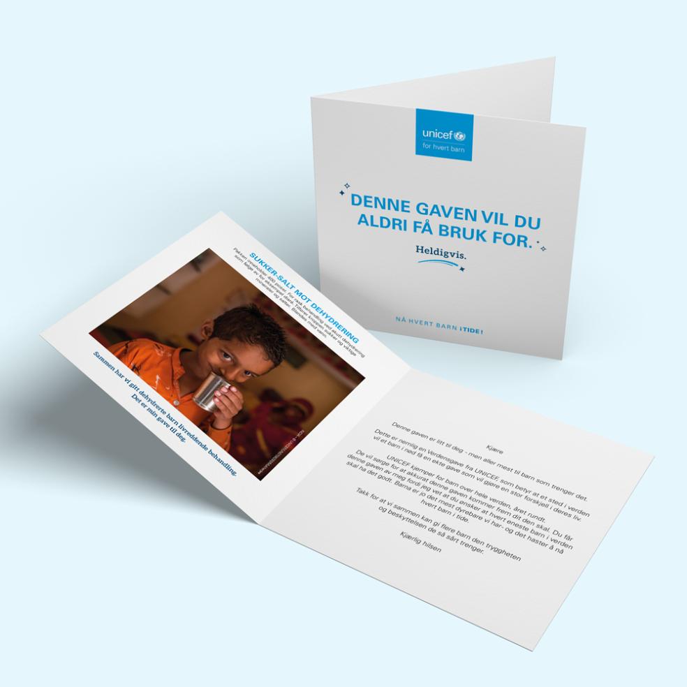 Eksempel på gavebevis for UNICEFs Verdensgave Sukker-salt mot dehydrering