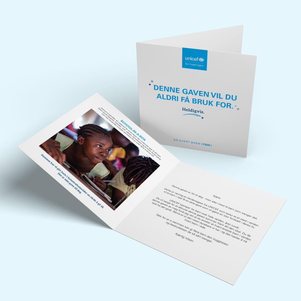 Eksempel på gavebevis for UNICEFs Verdensgave School-in-a-box