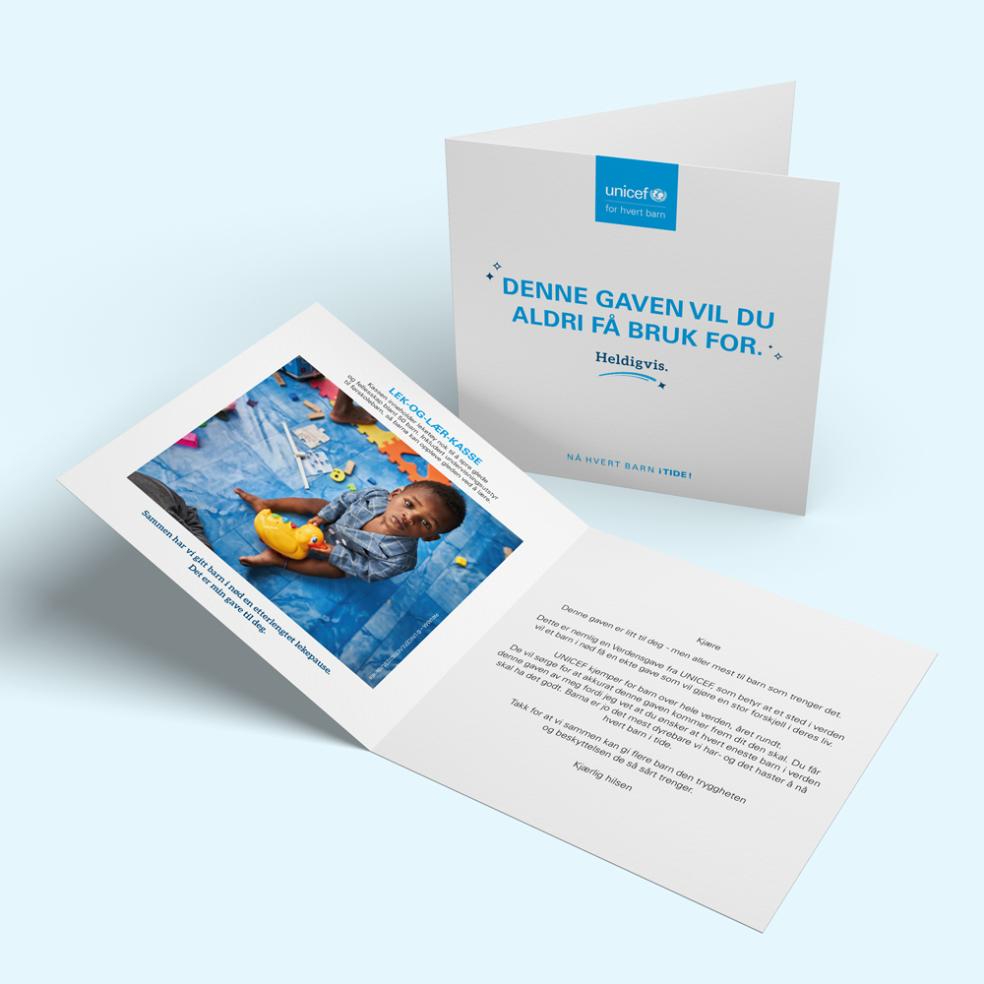Eksempel på gavebevis for UNICEFs Verdensgave Lek-og-lær-kasse