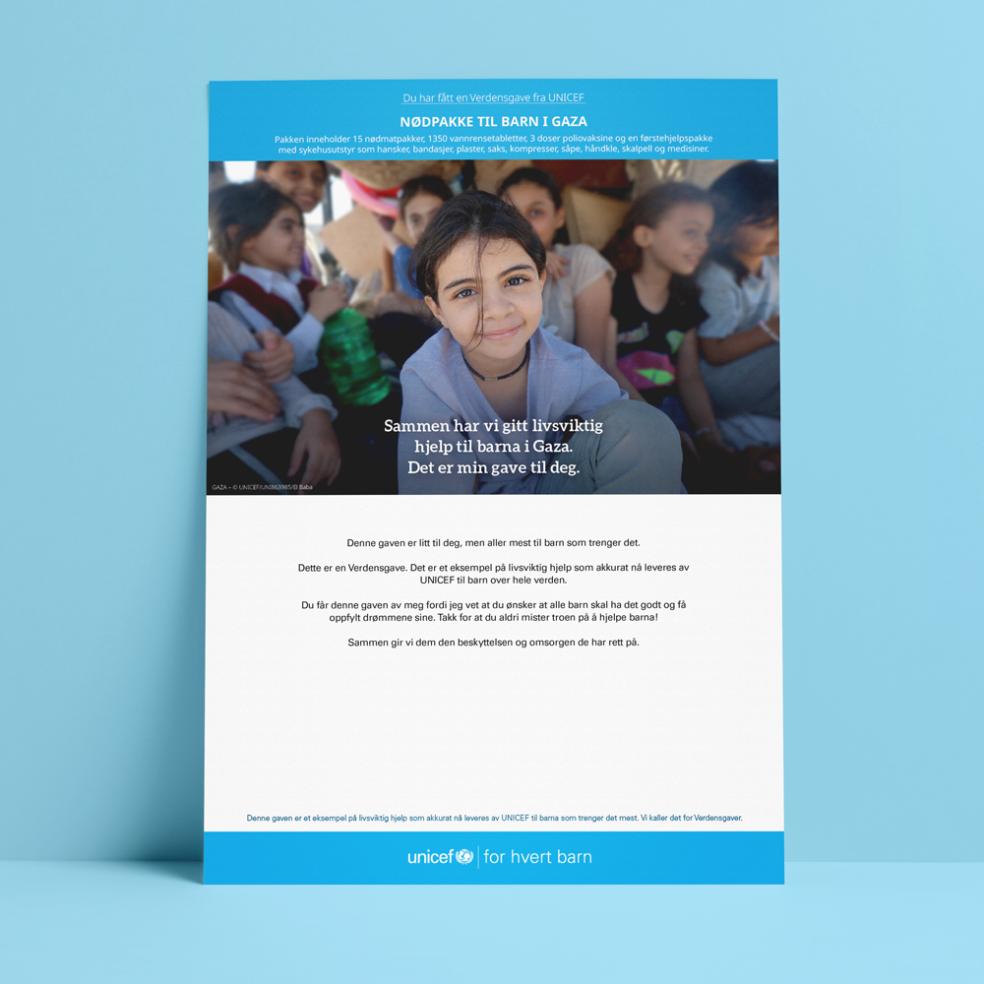 Digitalt gavebevis, nødpakke til barn i Gaza