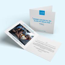 Eksempel på gavebevis for UNICEFs Verdensgave Gledespakke til barn på flukt